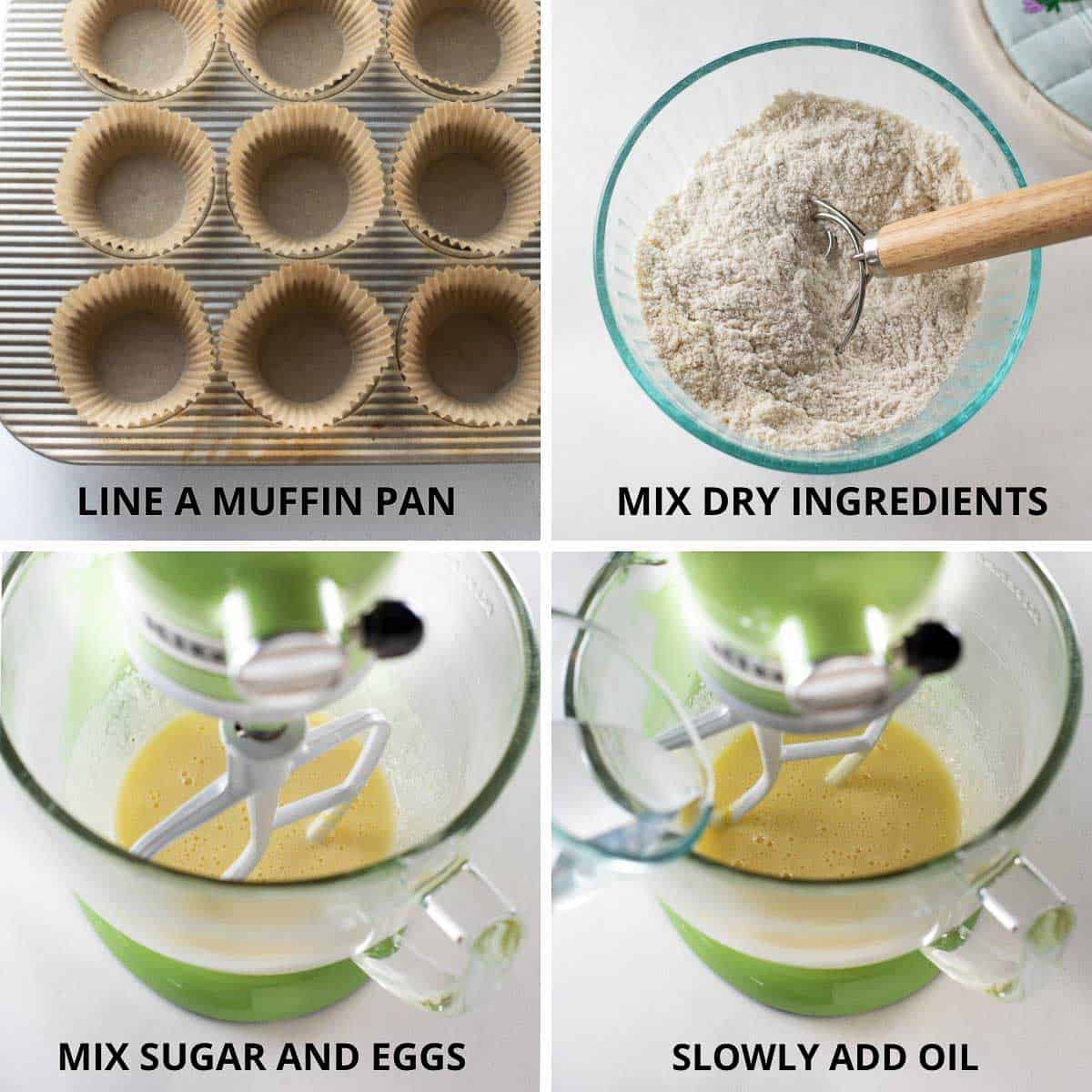 A muffin tin with cupcake liners, a bowl of dry ingredients, and a mixer with the muffin batter inside