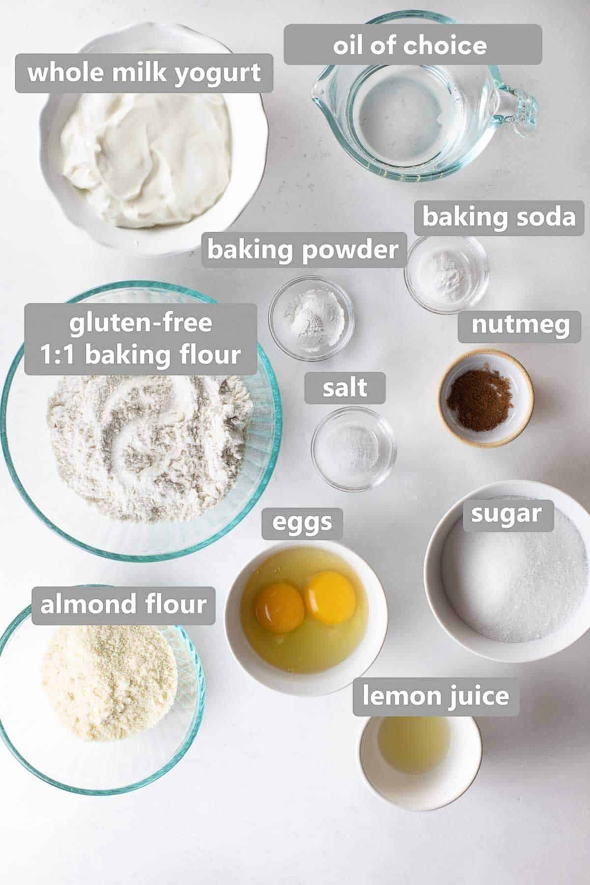 gluten-free chocolate chip muffin ingredients laid out on a countertop