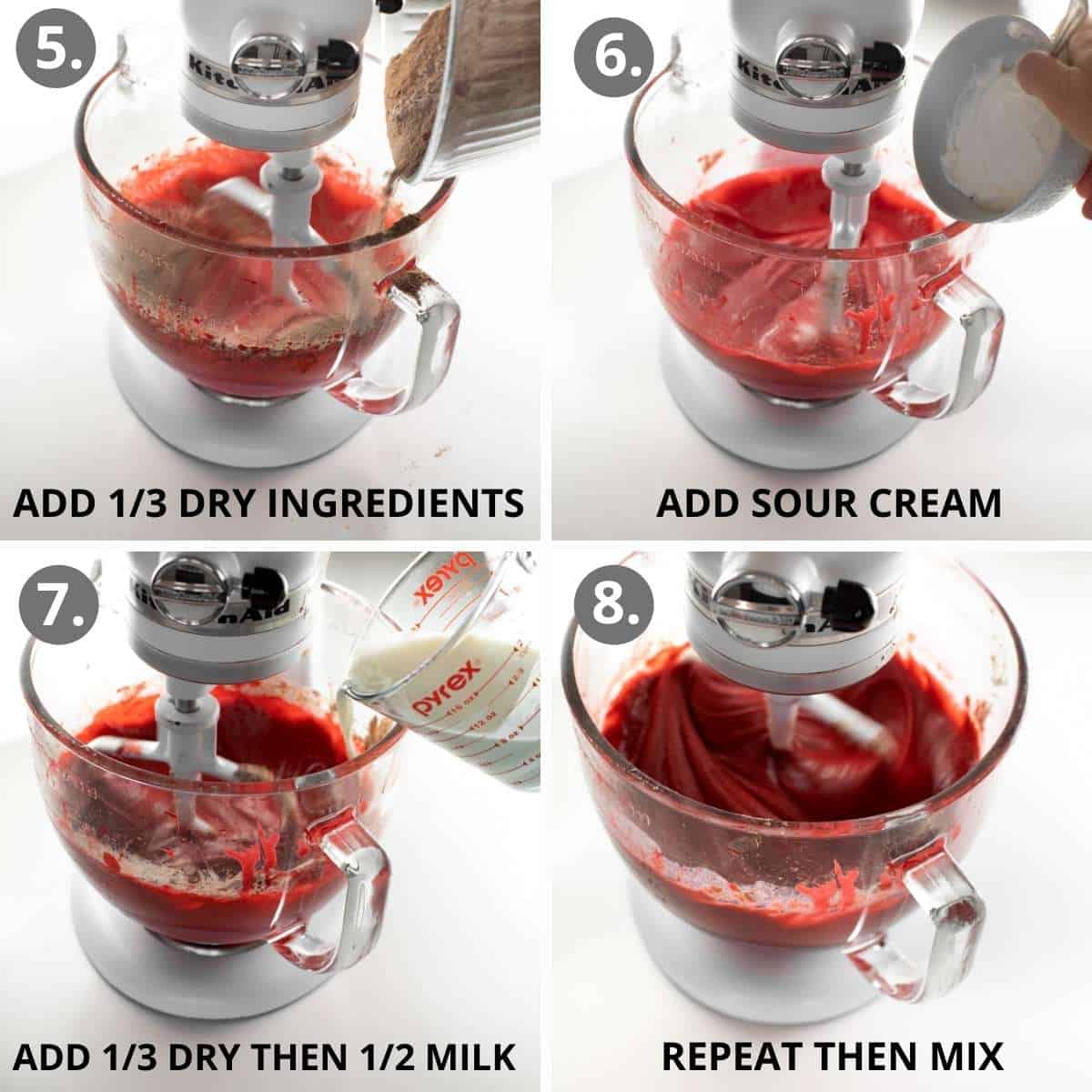 more steps of how to make the batter for red velvet cake