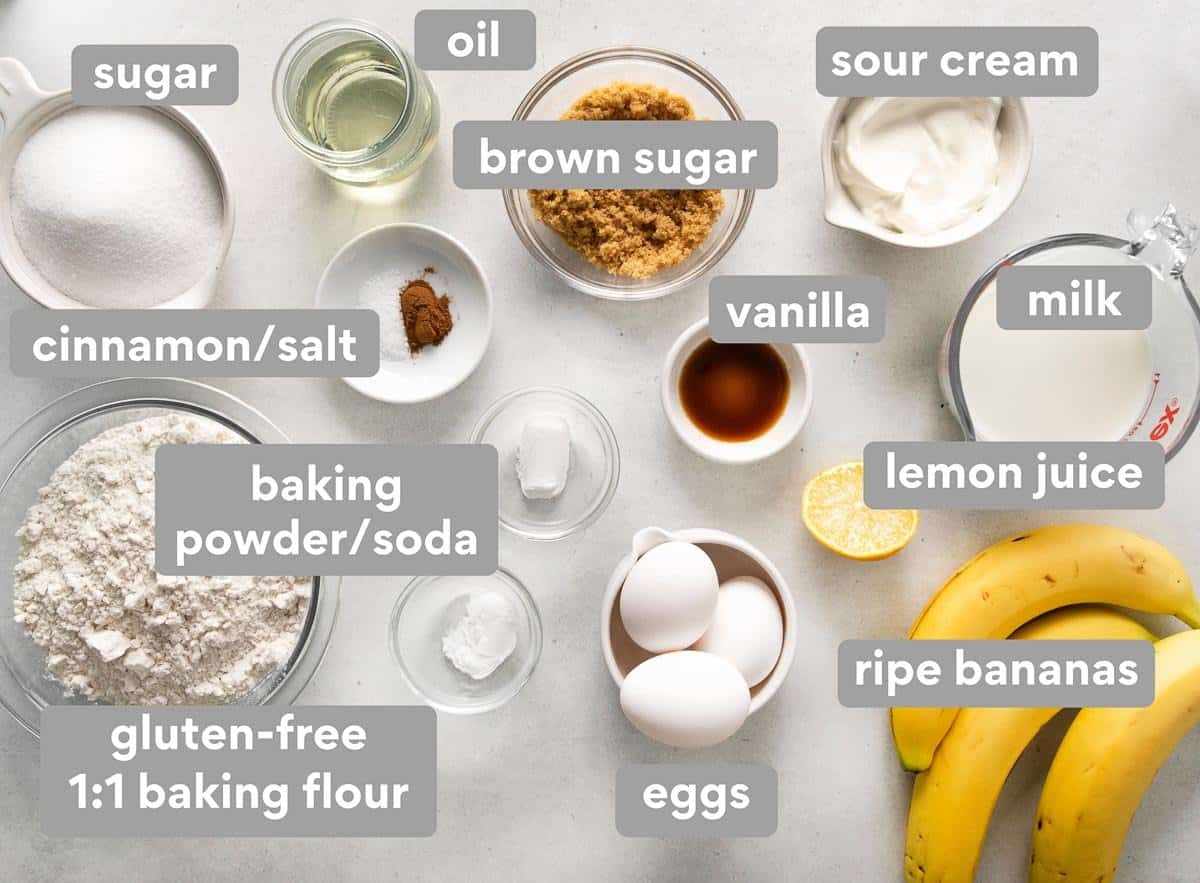 Banana cake ingredients laid on the counter