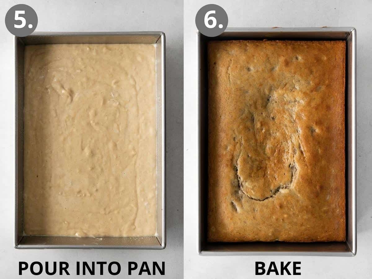 Banana cake batter in a pan, and a baked banana cake in the pan
