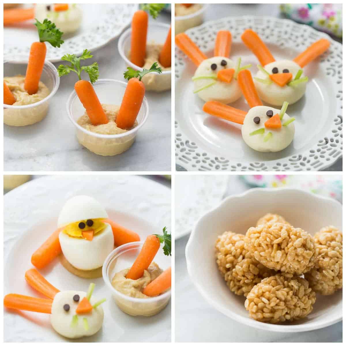4 different types of easter snacks including bunny faves, hummus cups and crispy eggs