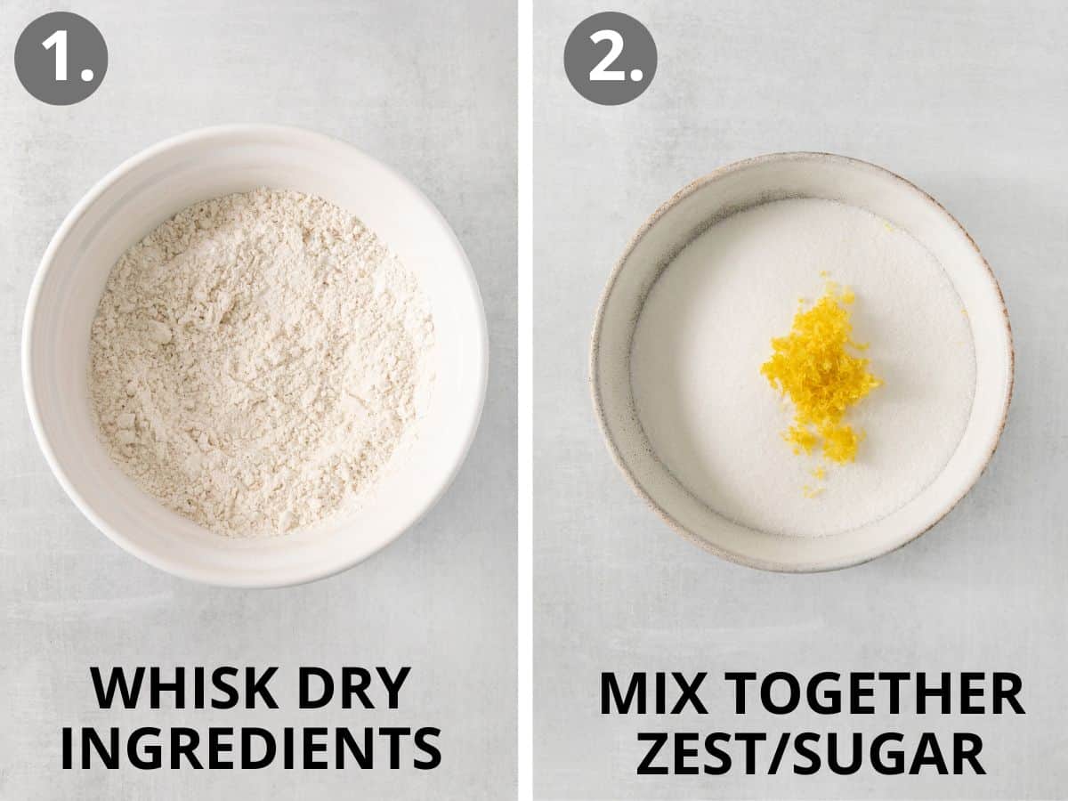 Dry ingredients in a bowl and zest and sugar on a plate