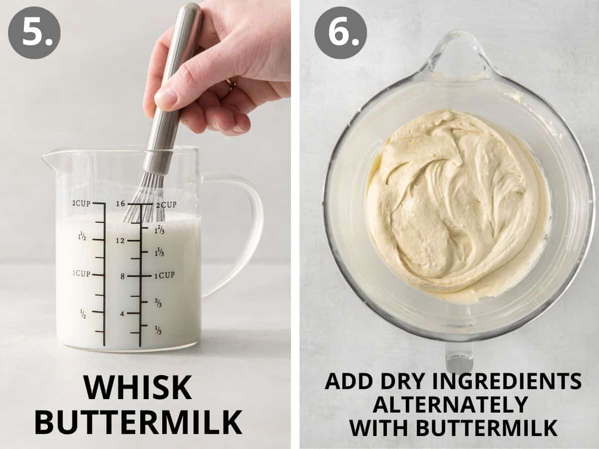 Buttermilk in a measuring cup with a hand mixing it, and dry ingredients and wet ingredients in a bowl