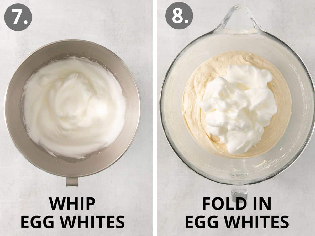 Egg whites whipped in a bowl, and egg whites added to the cake batter in a bowl