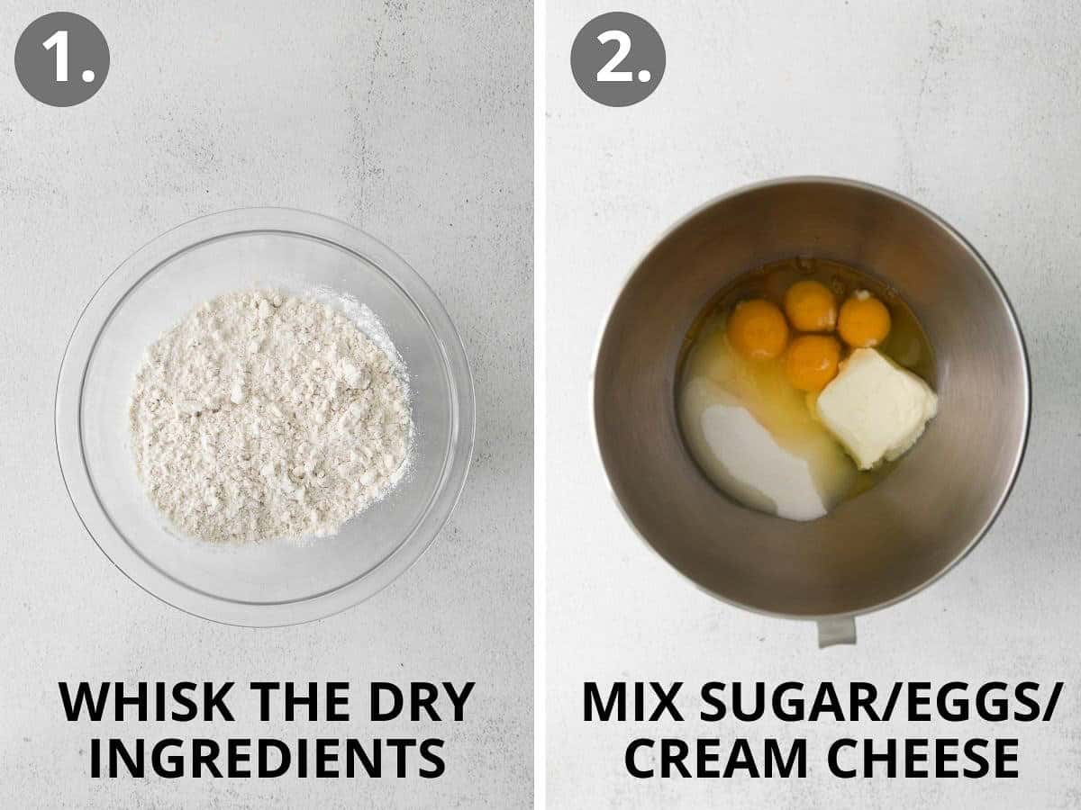 Pound cake dry ingredients in a bowl, and butter, eggs, and sugar in a second bowl