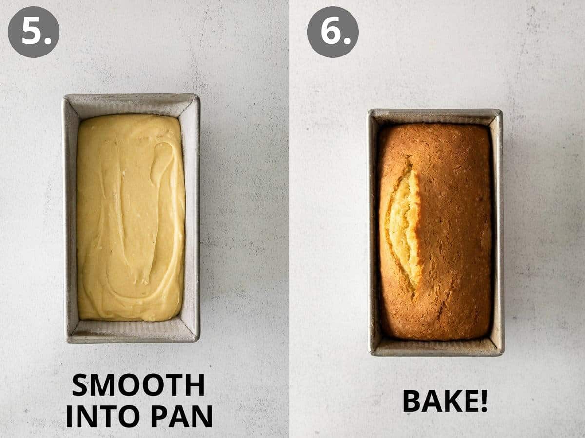 Pound cake batter in a pan, and a baked pound cake in a pan