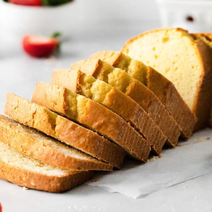 Sliced pound cake on a table