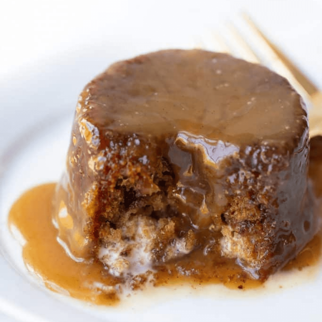 Sticky toffee pudding on a plate