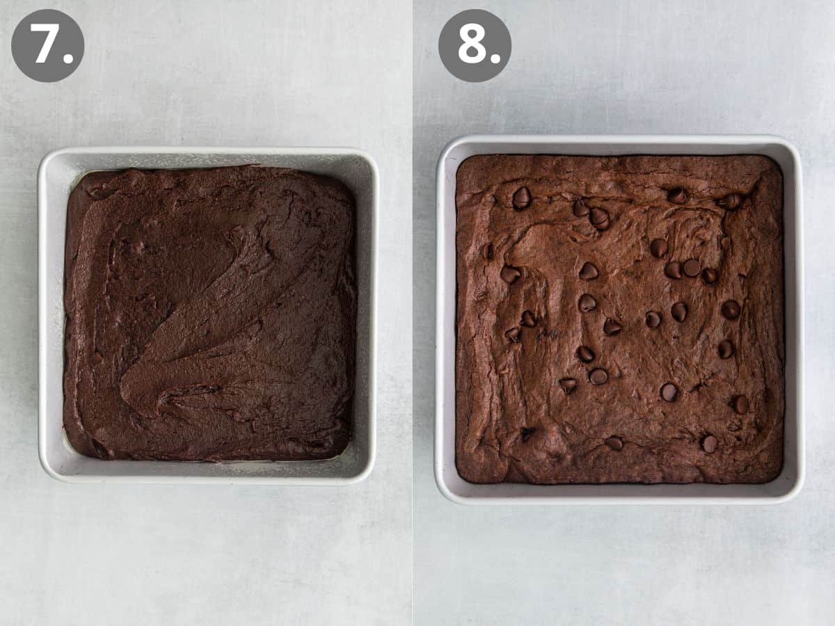 brownie batter in pan before and after baking