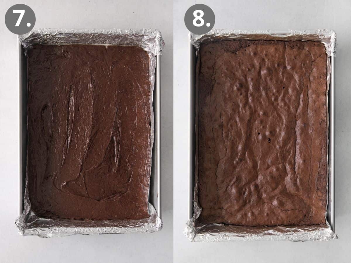 brownies in pan before and after baking