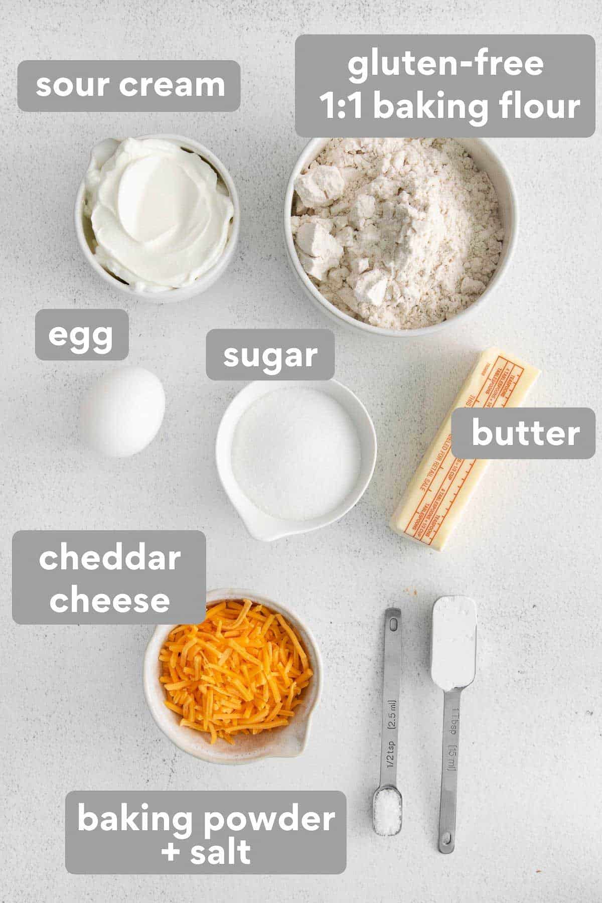 Ingredients for cheese scones laid on a countertop