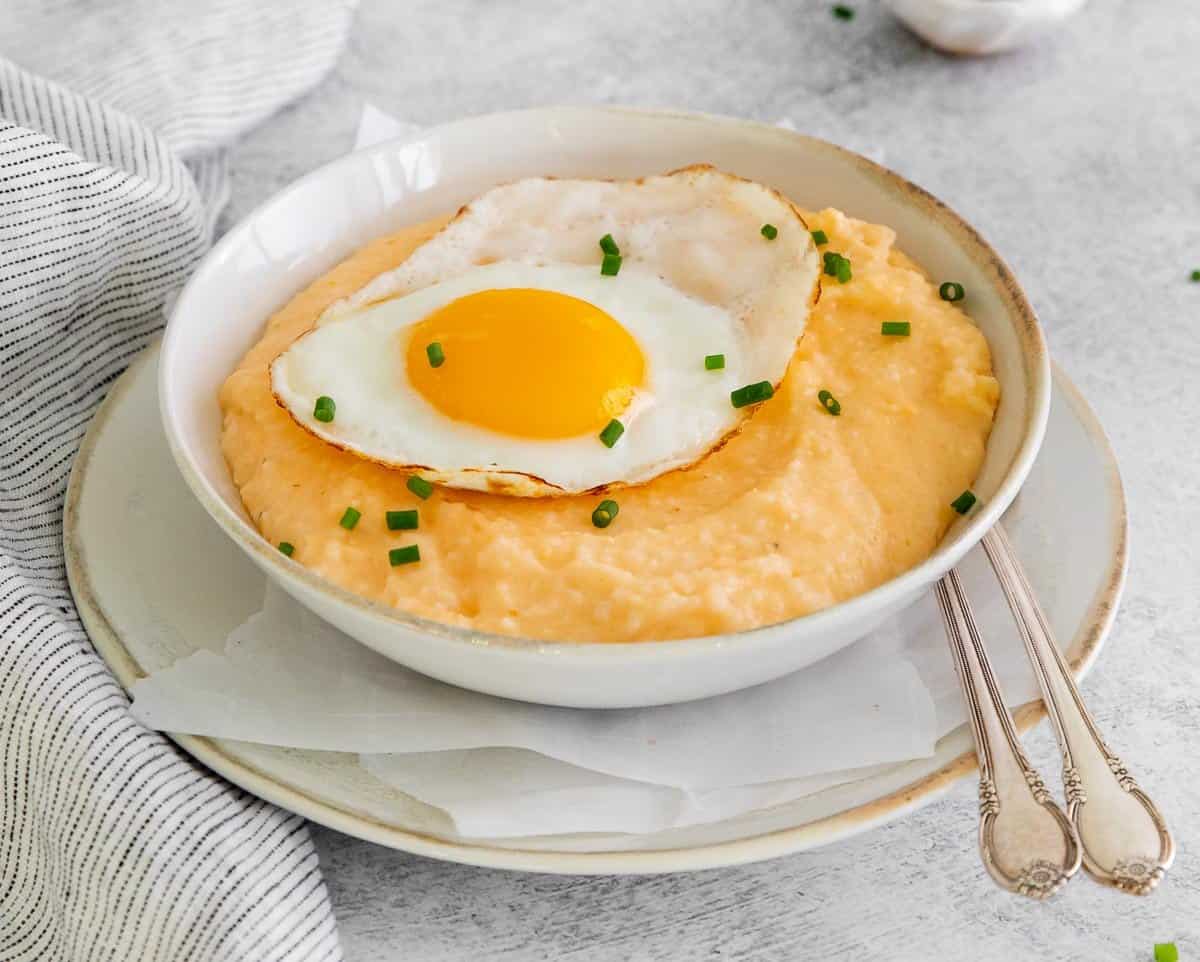 Grits and eggs in a bowl