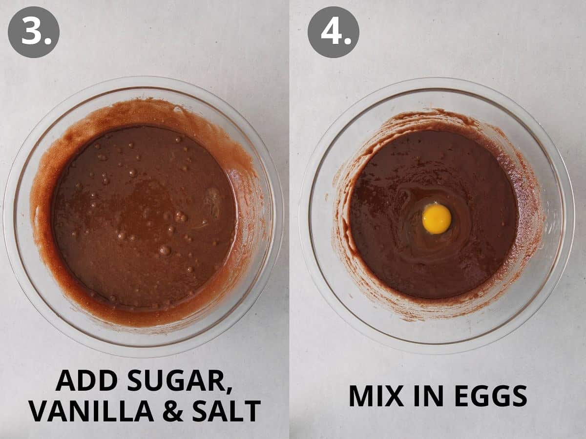 adding the sugar and egg to the brownie batter in glass mixing bowl