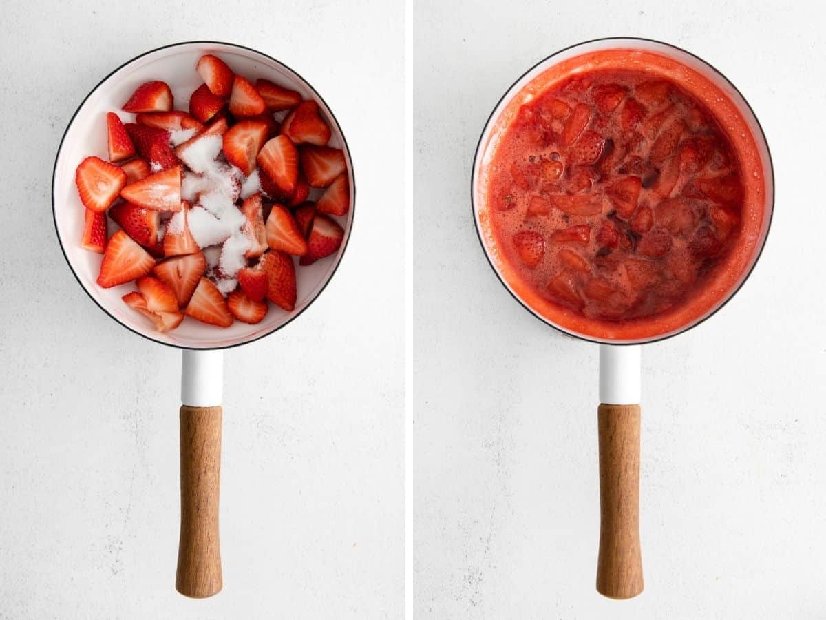 A pot with fresh strawberries and sugar, next to a pot with cooked down strawberries