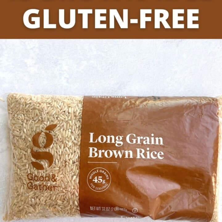 A bag of brown rice, with text that reads: "Is brown rice gluten-free?"