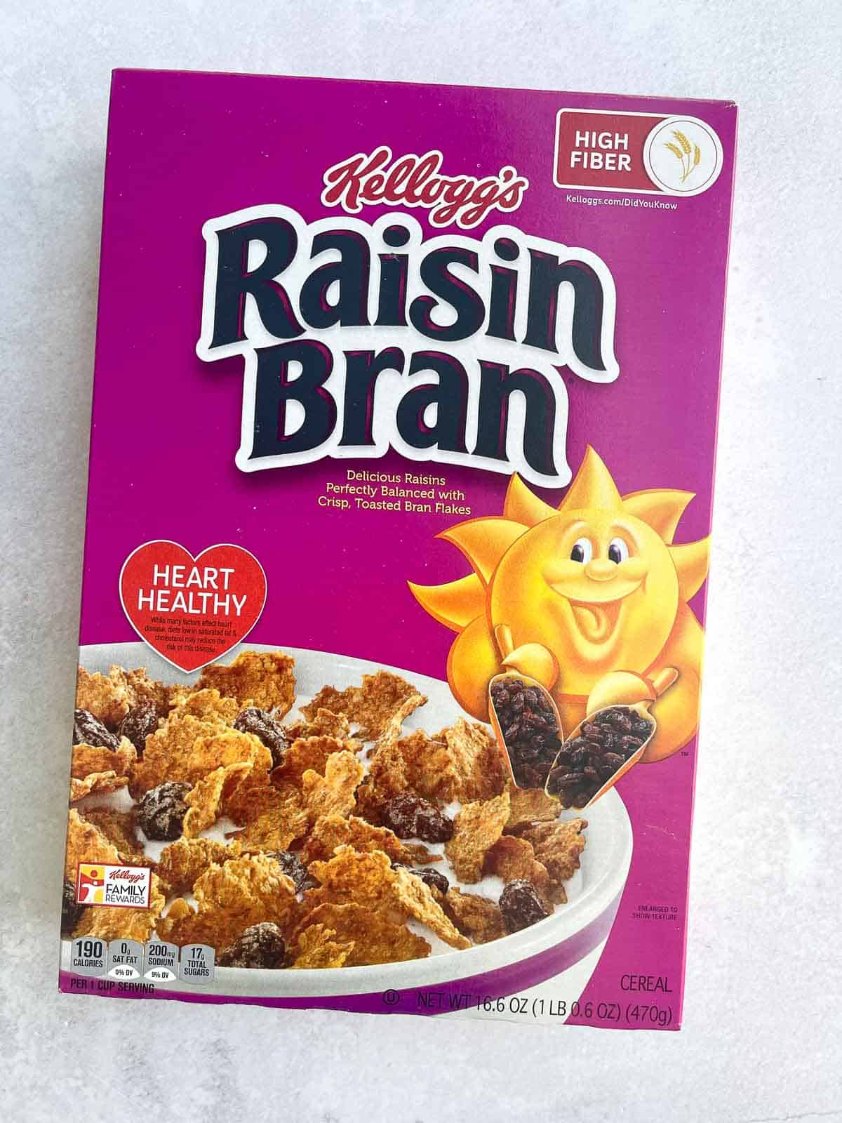 A box of Raisin Bran on a countertop