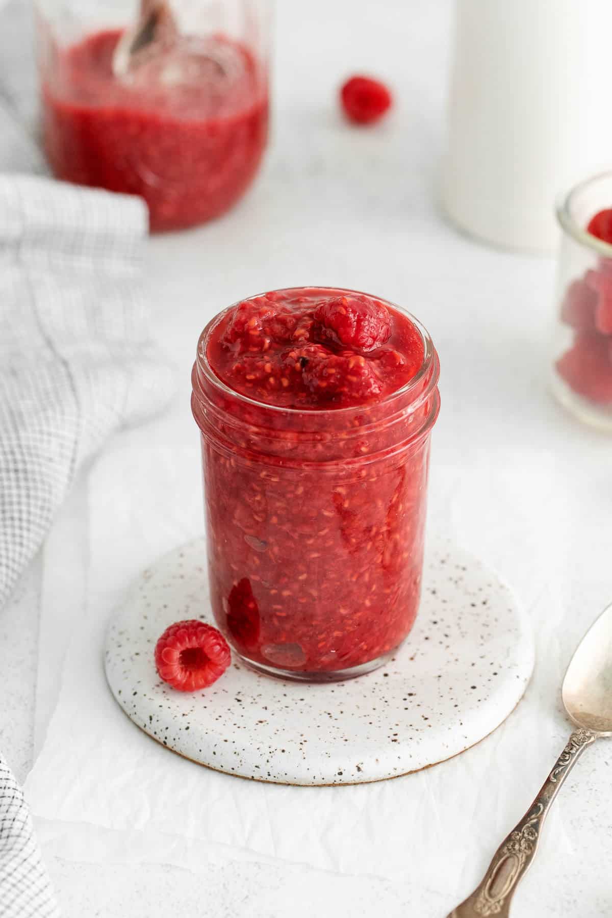 Raspberry compote in a mason jar