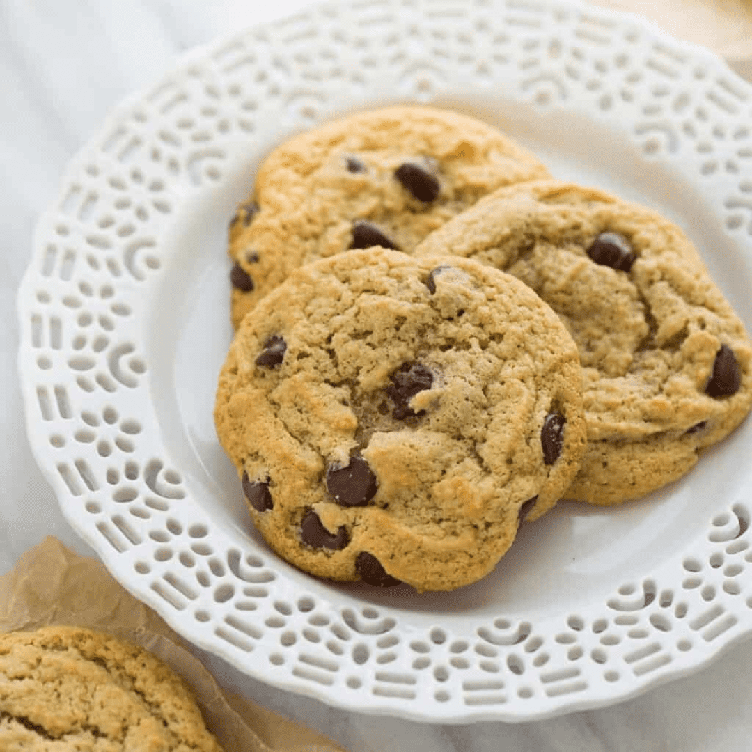 Almond flour chocolate chip cookies on a plate