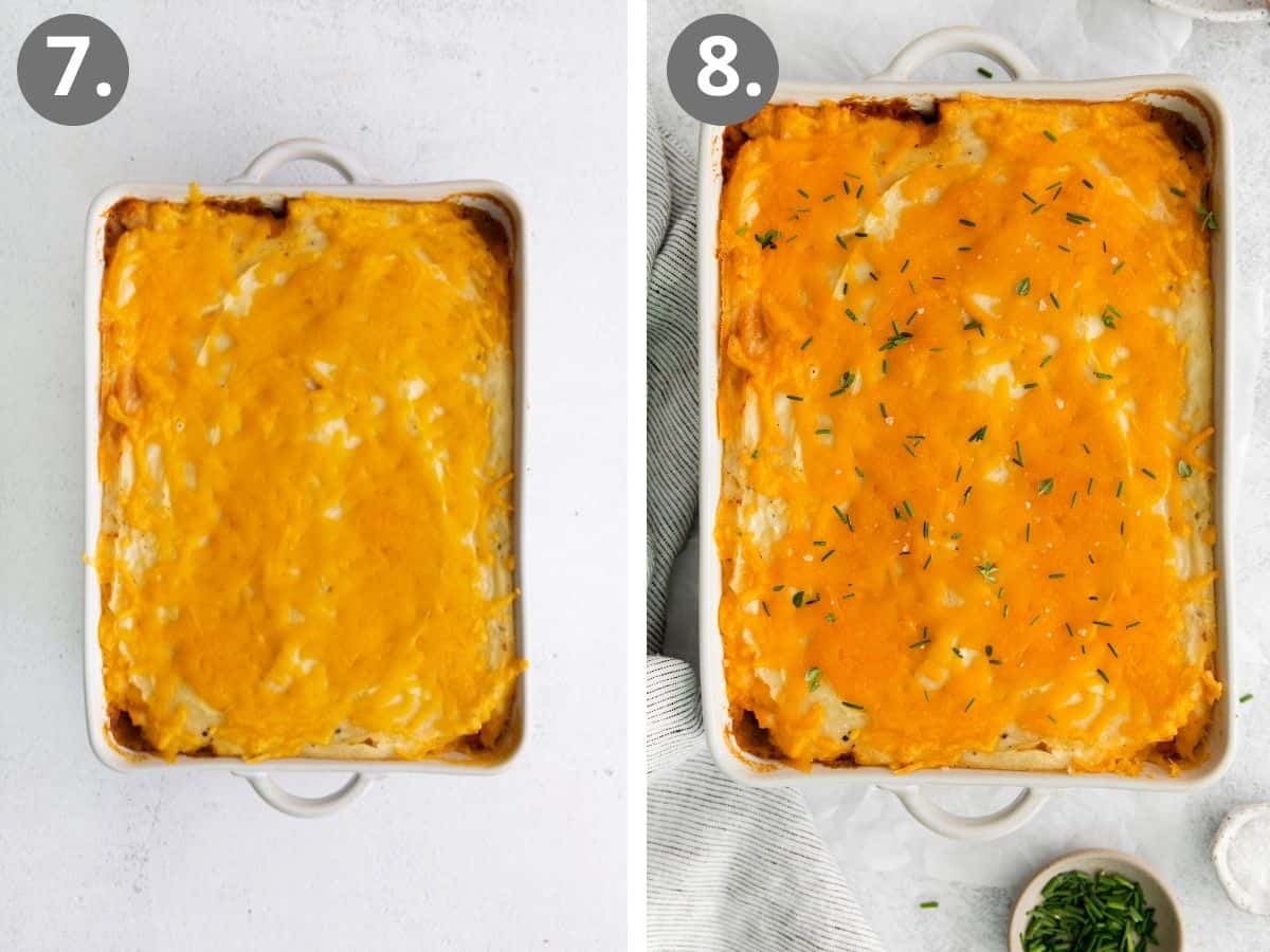 The potato layer of shepherd's pie in a baking pan with cheese layered on top, and the final layer in a baking pan with herbs layered on top