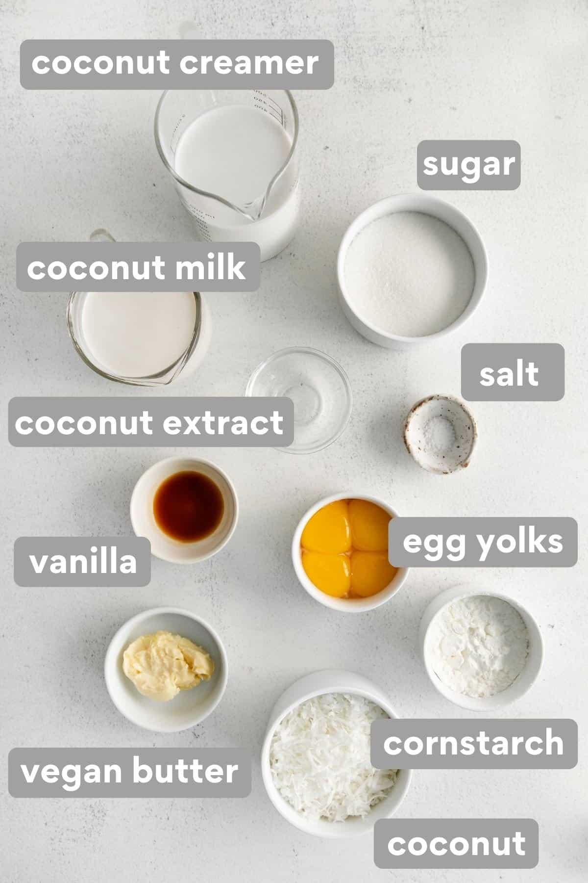 Ingredients for coconut cream pie on a countertop