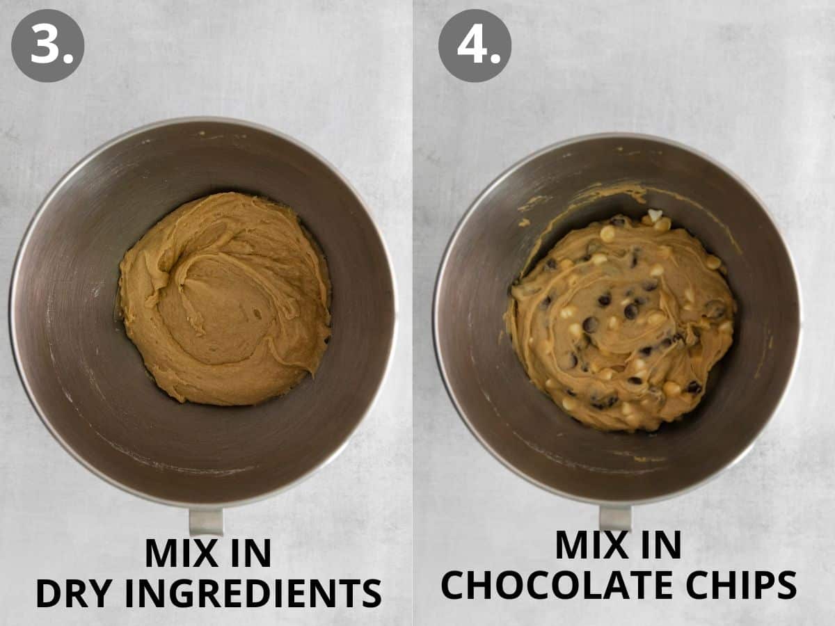 A mixing bowl with dry ingredients for blondies mixed in, and a bowl with blondie ingredients and chocolate chips mixed in