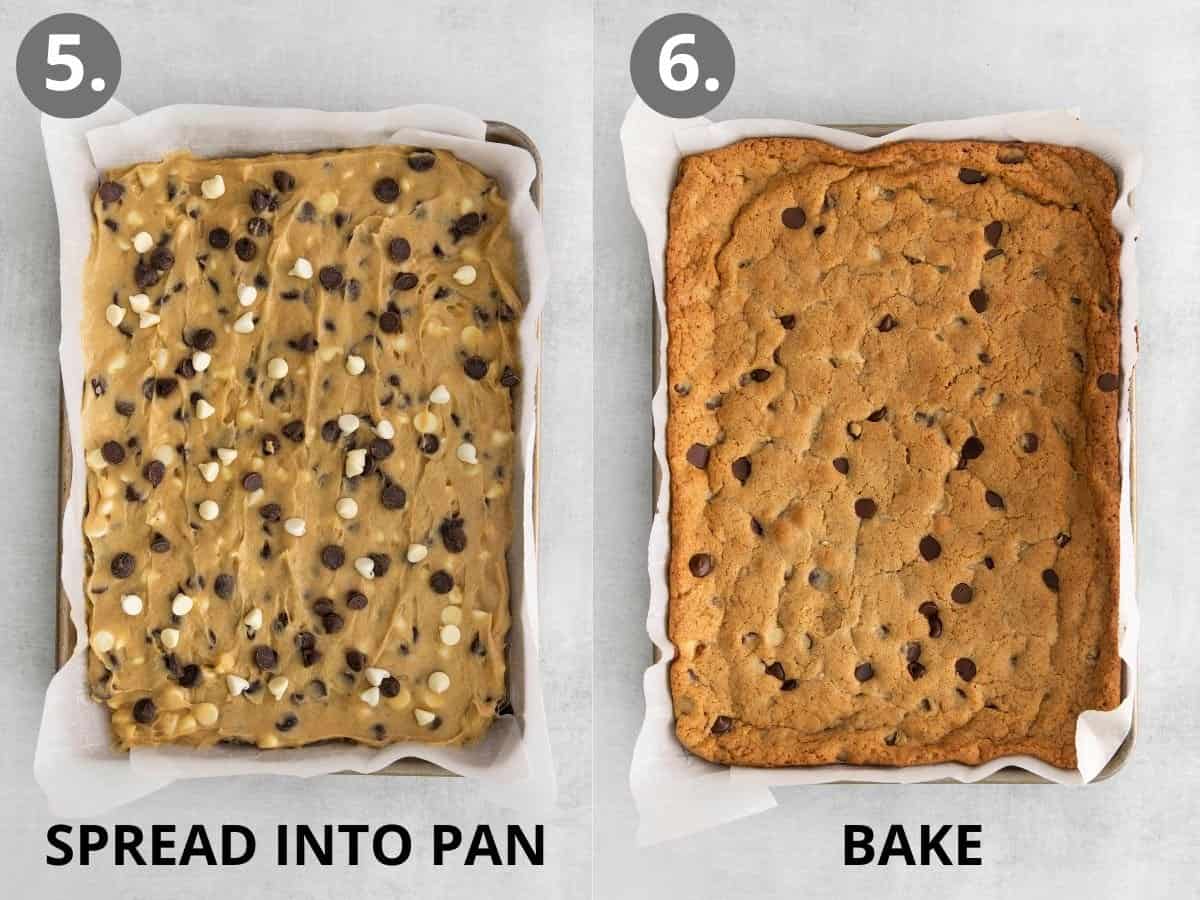 Blondies dough spread into a sheet pan, and blondies in a sheet pan after baking