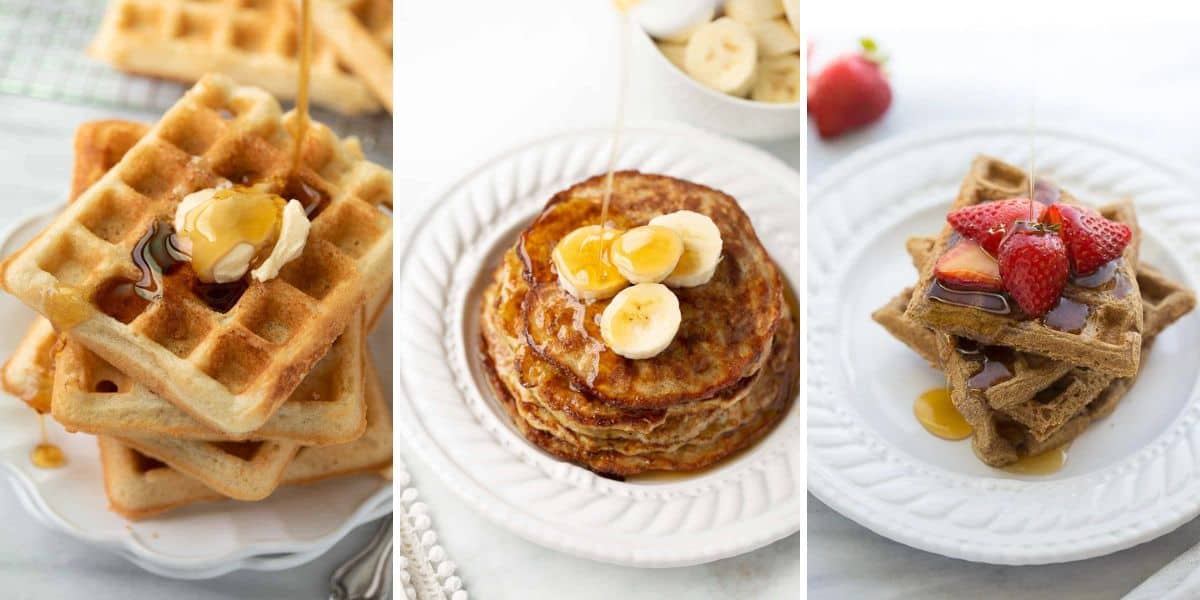 A waffle on a plate, a pancake on a plate, and a waffle on a plate