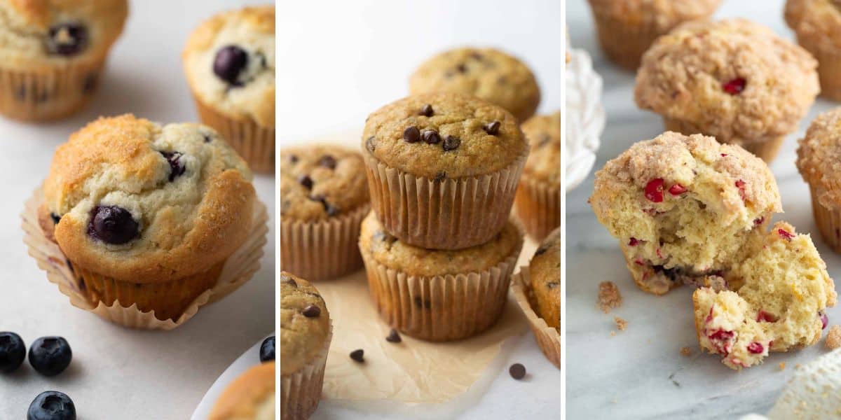 Three types of muffins stacked on top of each other in a row