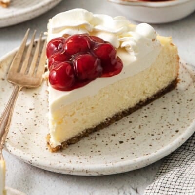 gluten free cheesecake topped with cherry filling