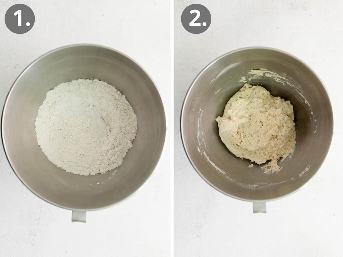 Biscuit dry ingredients in a bowl, and biscuit dry ingredients mixed together with wet ingredients