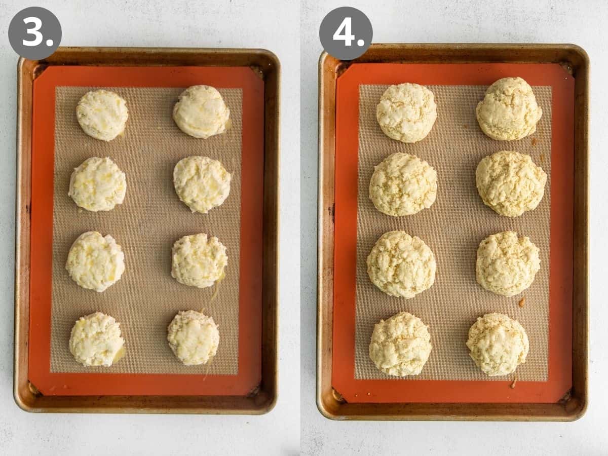 Biscuits on a cookie sheet before baking, and biscuits on a cookie sheet after baking