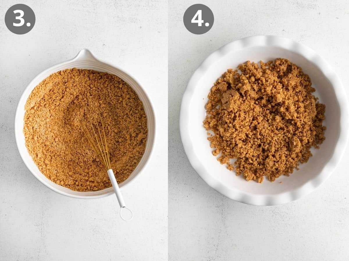 Mixing graham cracker crumbs with butter in a mixing bowl, and the crust poured into a pie pan