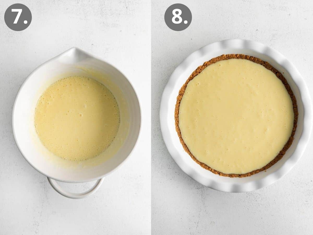 Key lime pie filling in a mixing bowl, and key lime pie filling poured into a pie dish