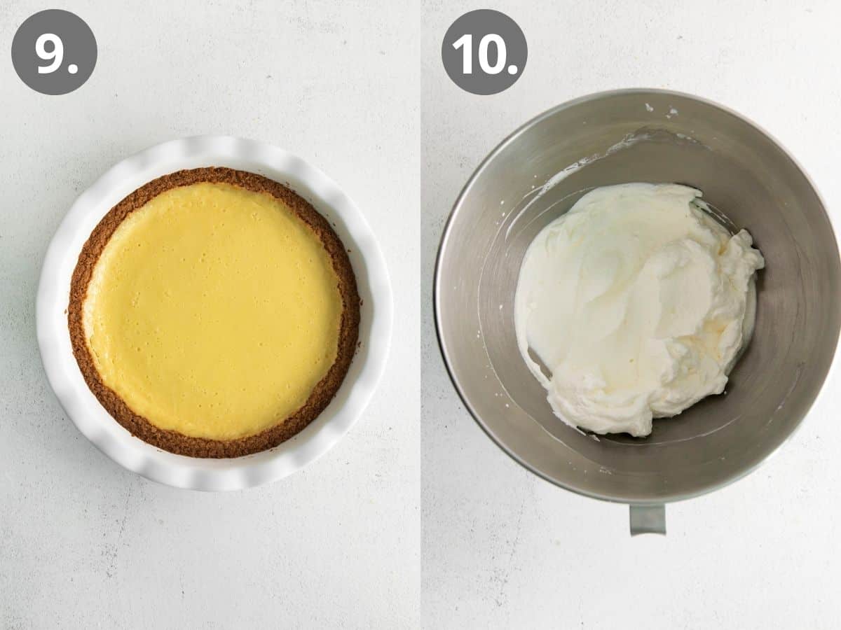 Key lime pie in a pie dish, and whipped cream in a mixing bowl