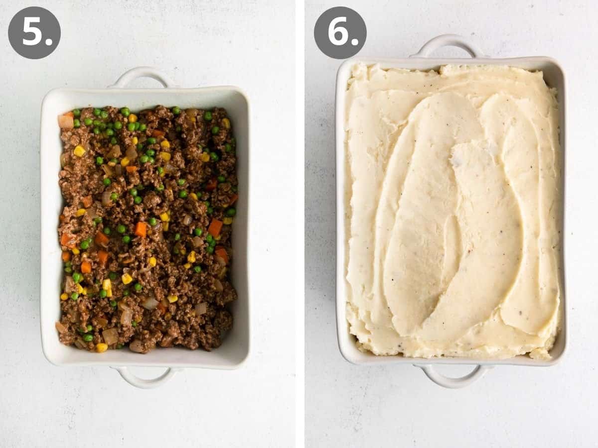 Meat and vegetables layered in a baking pan, and mashed potatoes layered over the top in the baking pan