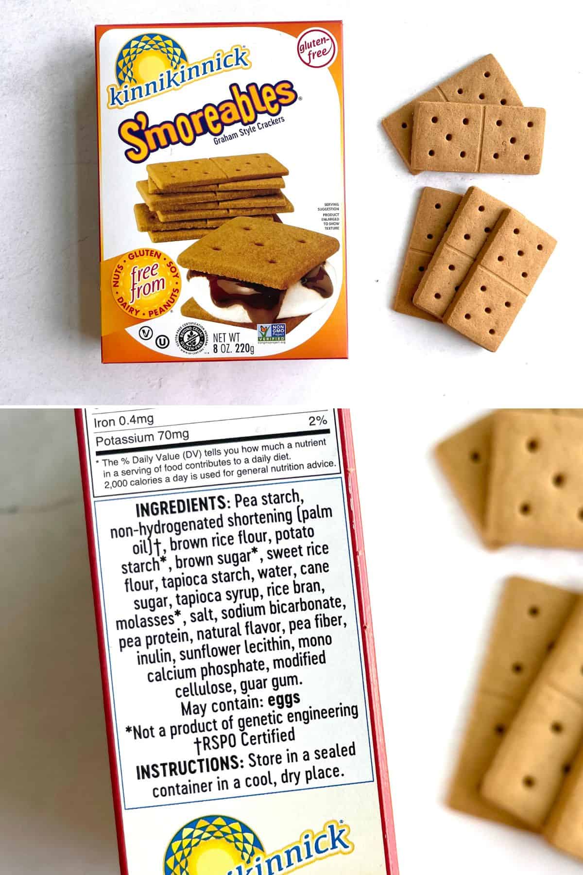 A box of KinniKinnick gluten-free graham crackers on a countertop