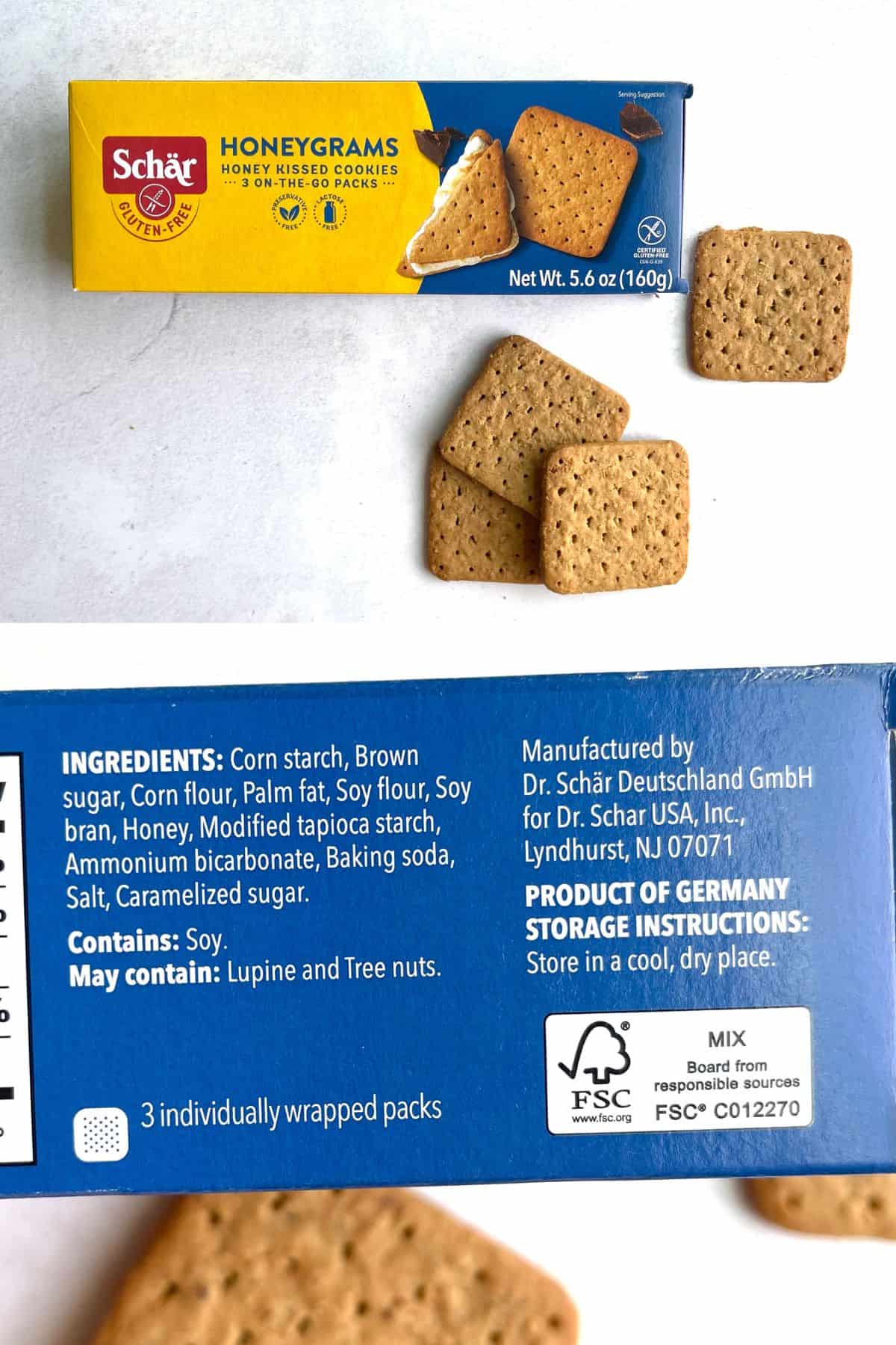 A box of Schar gluten-free graham crackers on a countertop