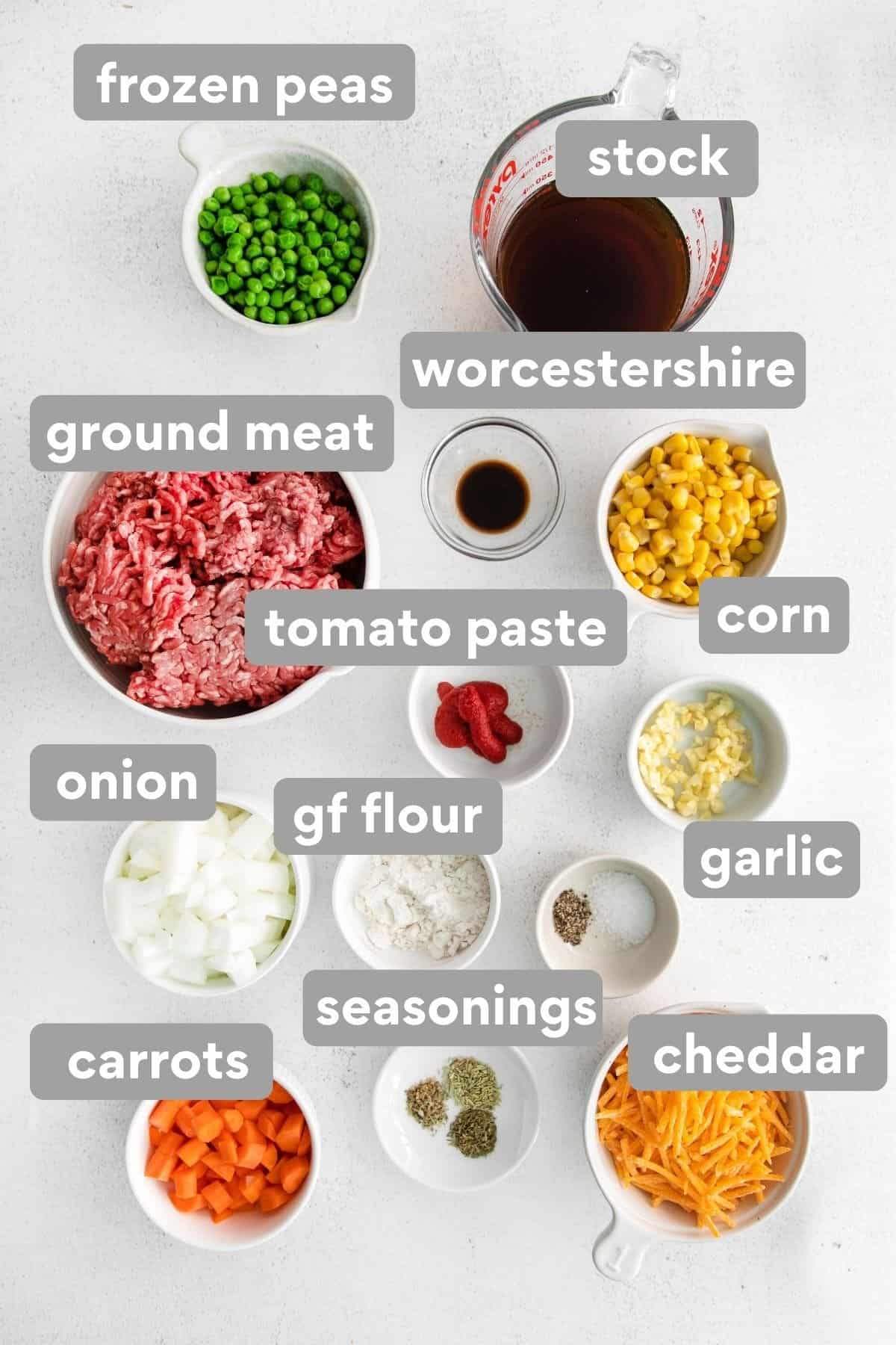 Ingredients set on the counter for the meat and vegetable layer of shepherd's pie