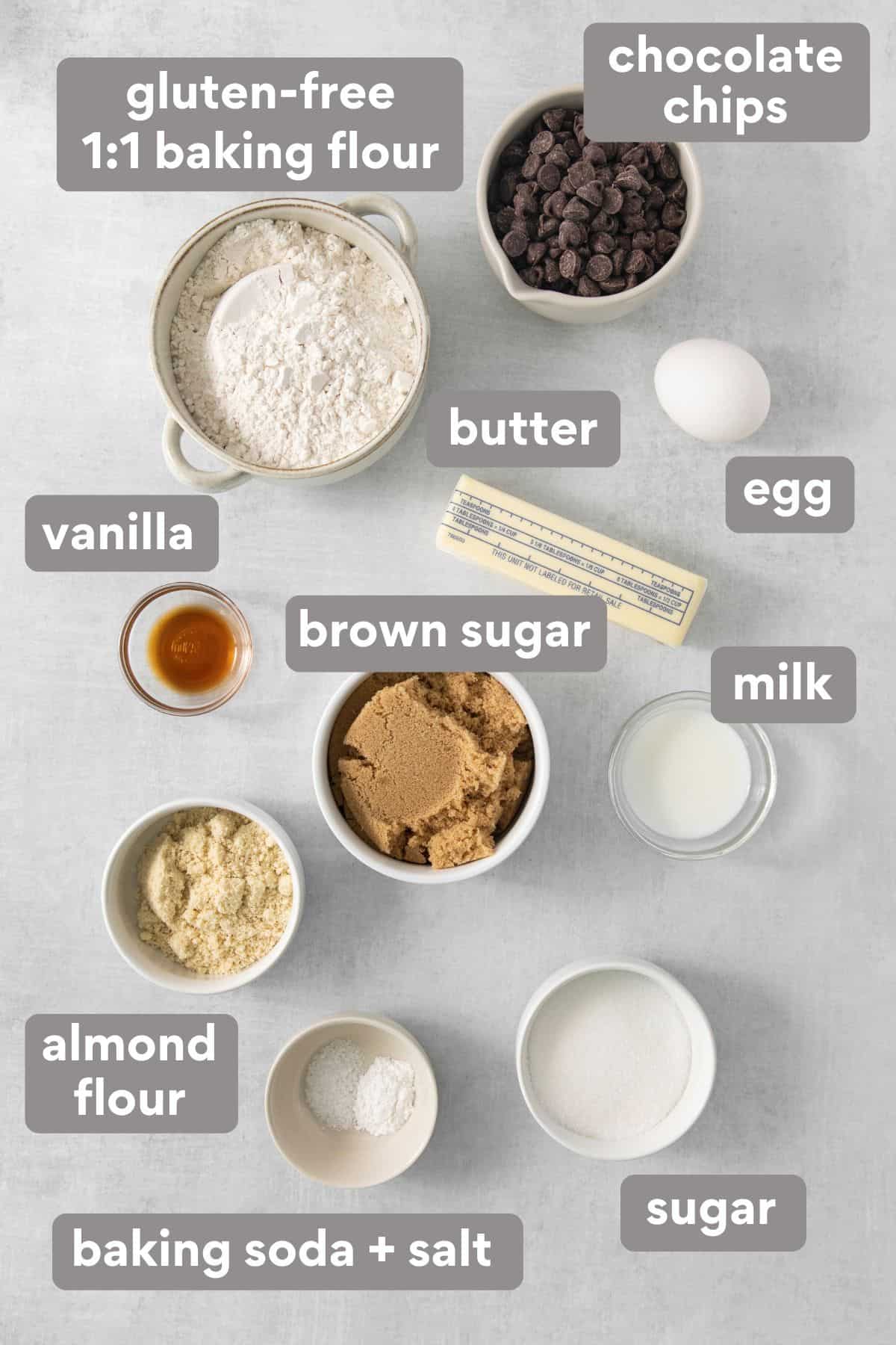 overhead shot of ingredients to make gluten-free chocolate chip cookies