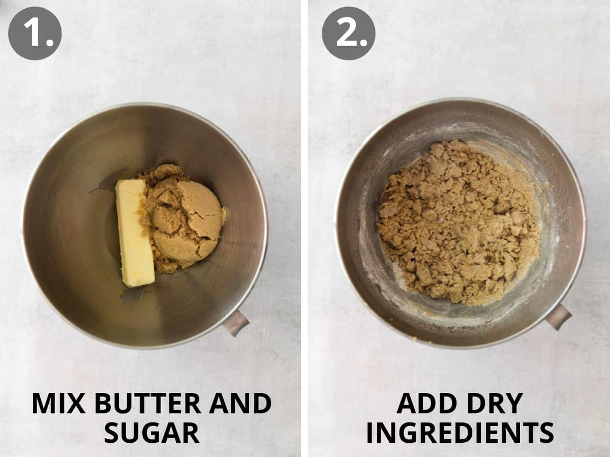 Butter and sugar in a mixing bowl, and dry ingredients added to the mixing bowl