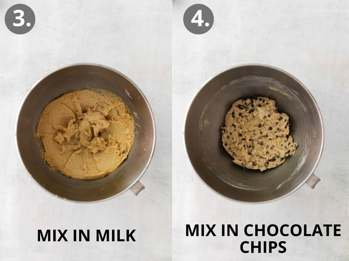 Milk added to the dry ingredients in the bowl, and chocolate chips mixed into the cookie dough