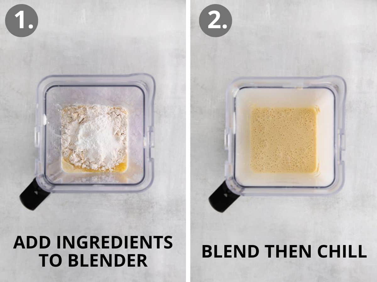Crepe ingredients in a blender, and the crepe ingredients blended