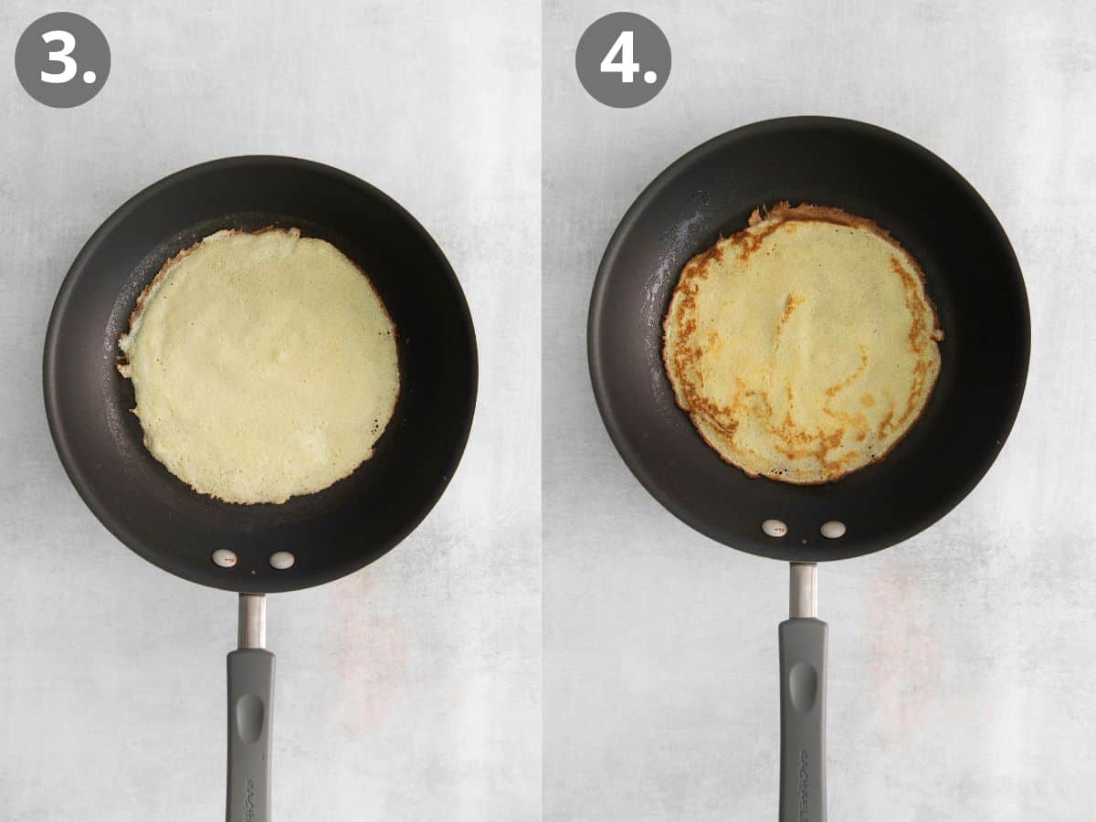 A crepe in a skillet, and a crepe flipped in a skillet