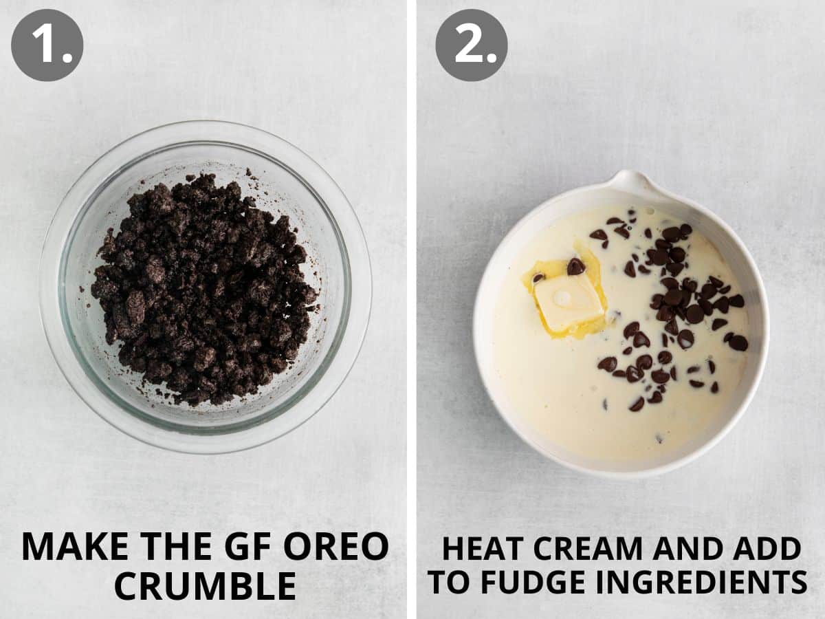 Ingredients for cookie crumble in a bowl, and cream and fudge in a pot
