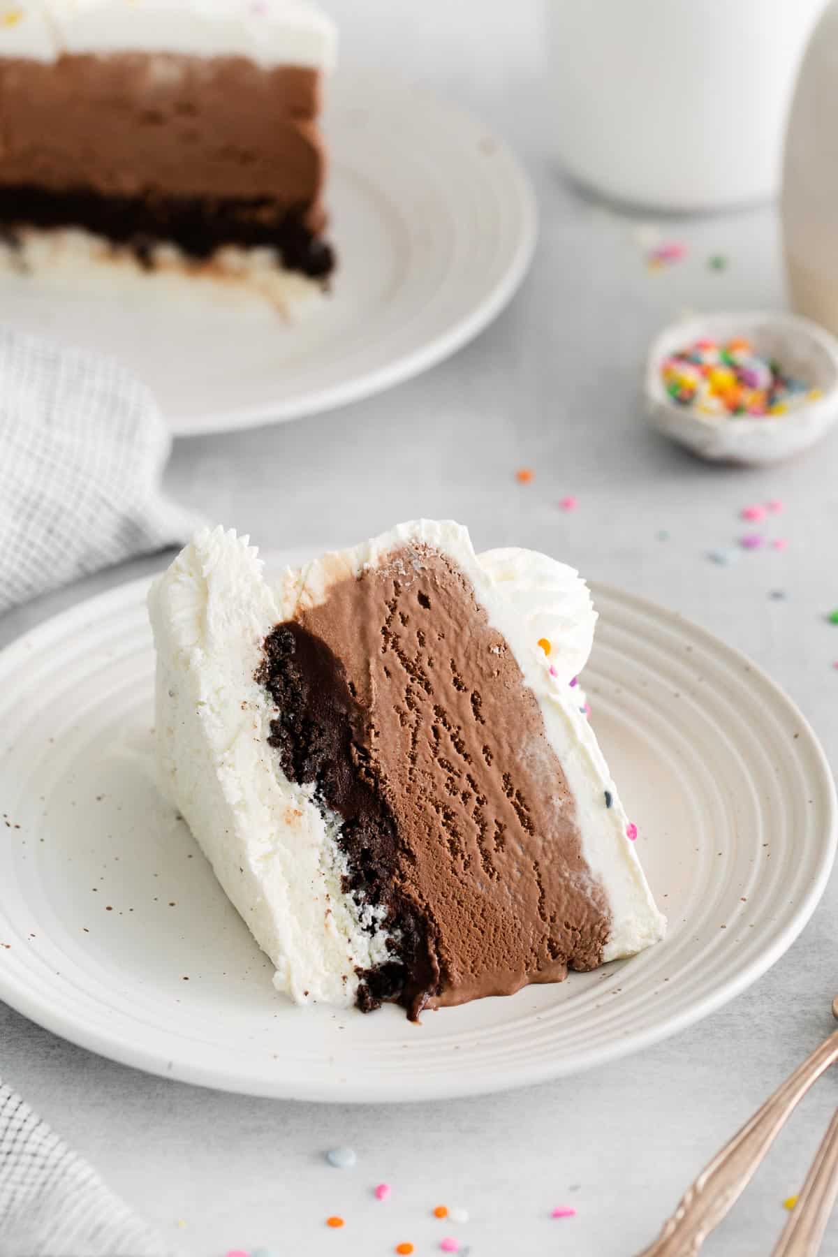 A slice of ice cream cake laid on a plate