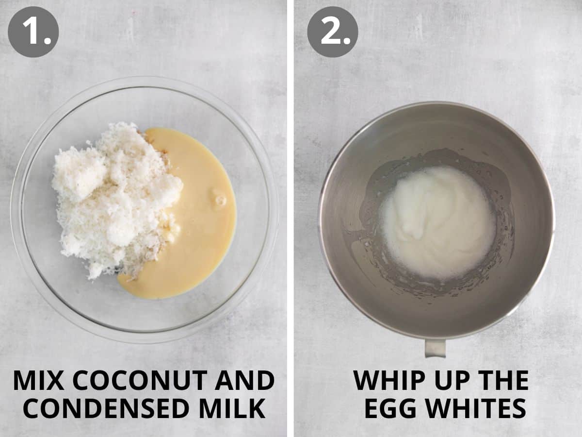 Macaroon ingredients in a bowl, not mixed, and a bowl of a stand mixer with egg whites in it
