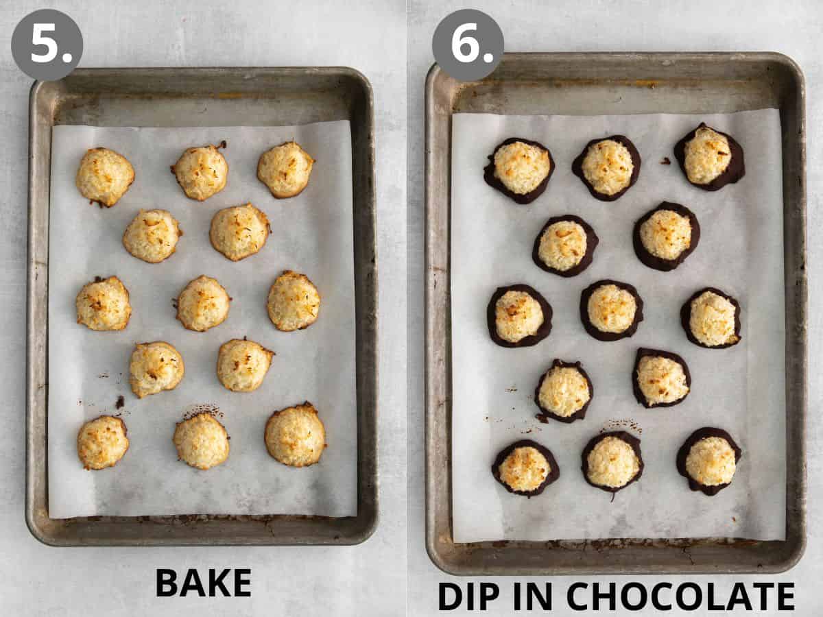 Gluten-free macaroons on a baking sheet, and baked macaroons dipped in chocolate