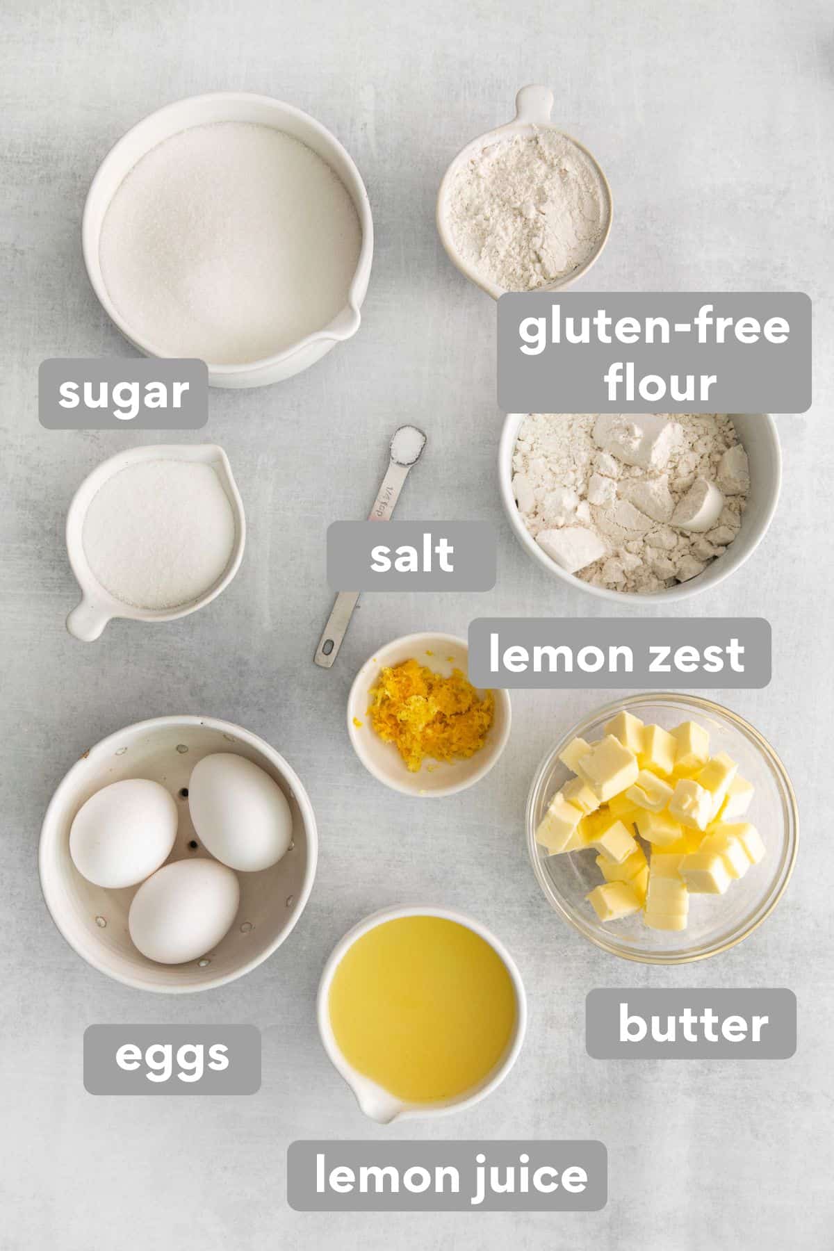 gluten-free lemon bar ingredients laid on a counter top