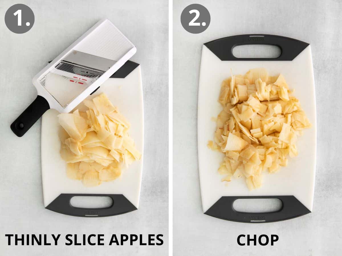 Thinly sliced apples on a cutting board, and chopped apples on a cutting board